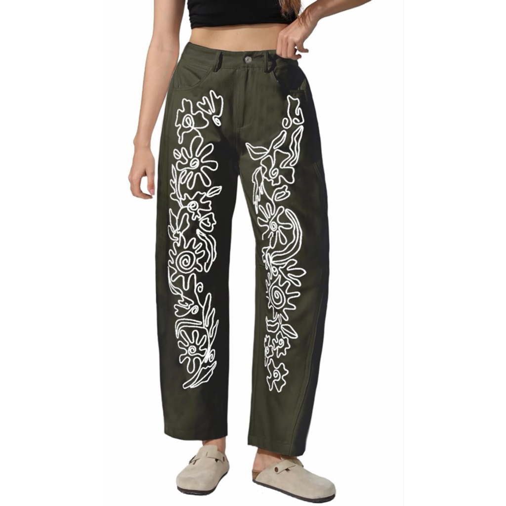 New Embroidered Baggy Boyfriend Barrel Leg Horseshoe Pants S 26/25